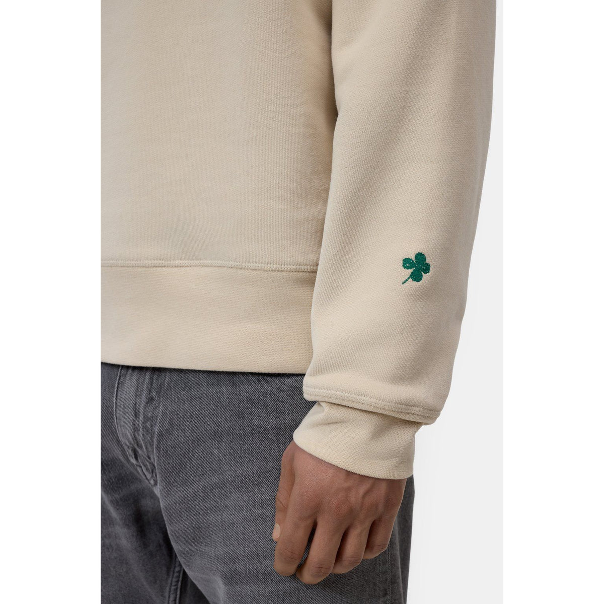 Men's almond cream crewneck sweatshirt by Closed Men's, soft cotton fabric, relaxed fit, plain style, close-up of the garment.