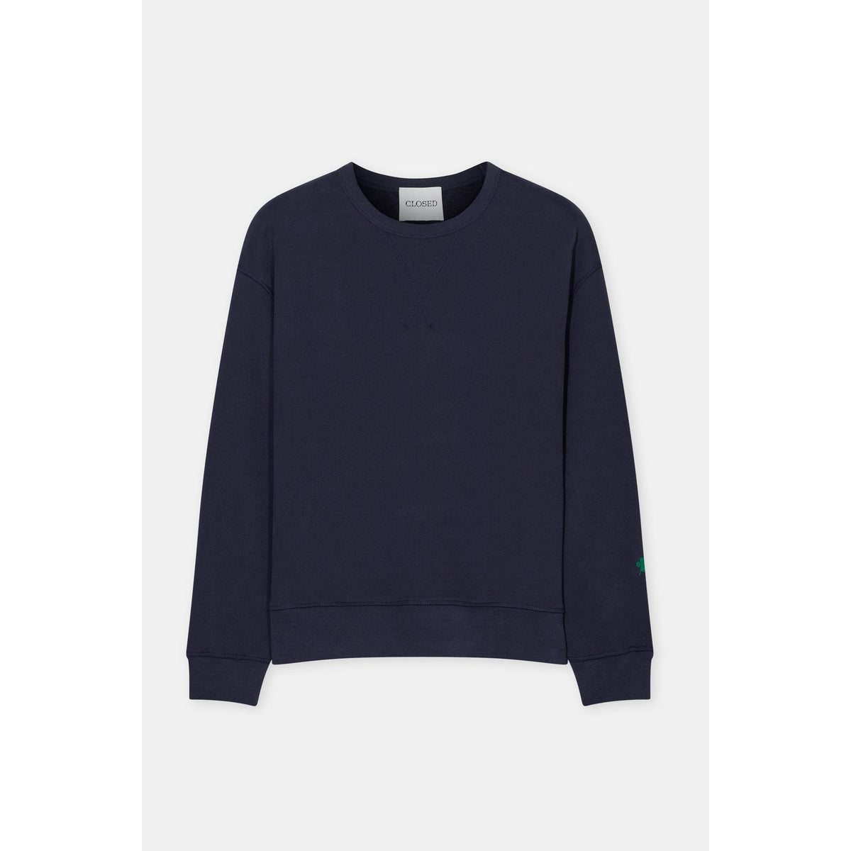 Dark night-colored men's crewneck sweatshirt by Closed Men's, shown with a relaxed fit and soft fabric close-up.