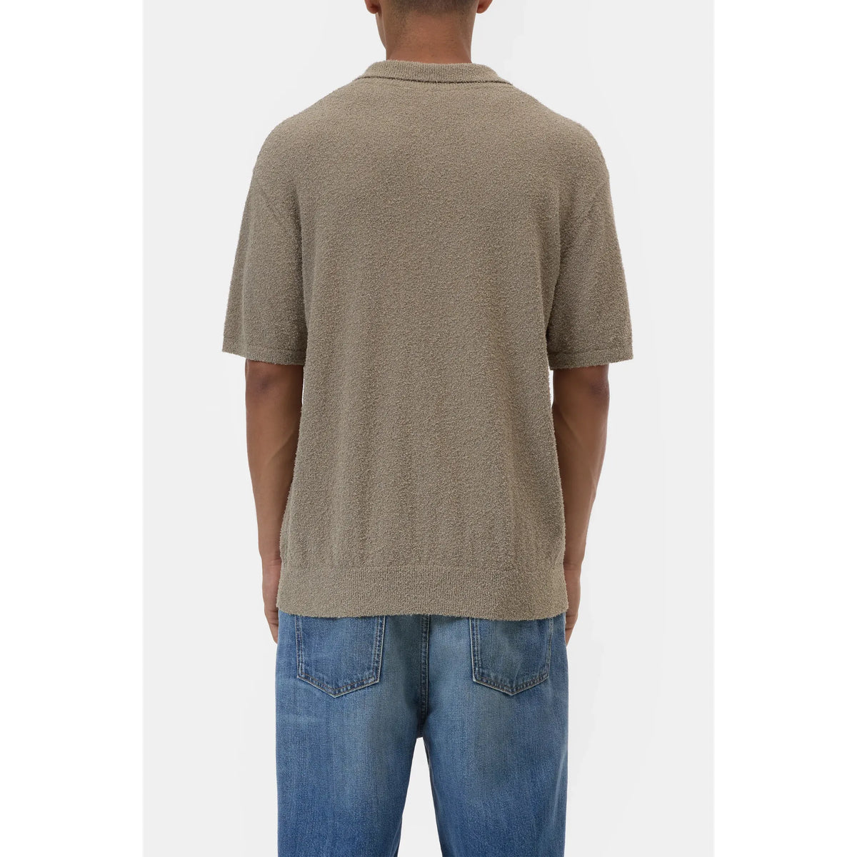 Men's cotton knit polo in pebble green by Closed Men's, featuring a classic collar and short sleeves.
