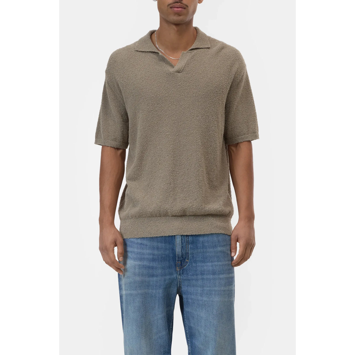 Men's cotton knit polo shirt in Pebble Green by Closed Men's, featuring a classic collar and short sleeves.