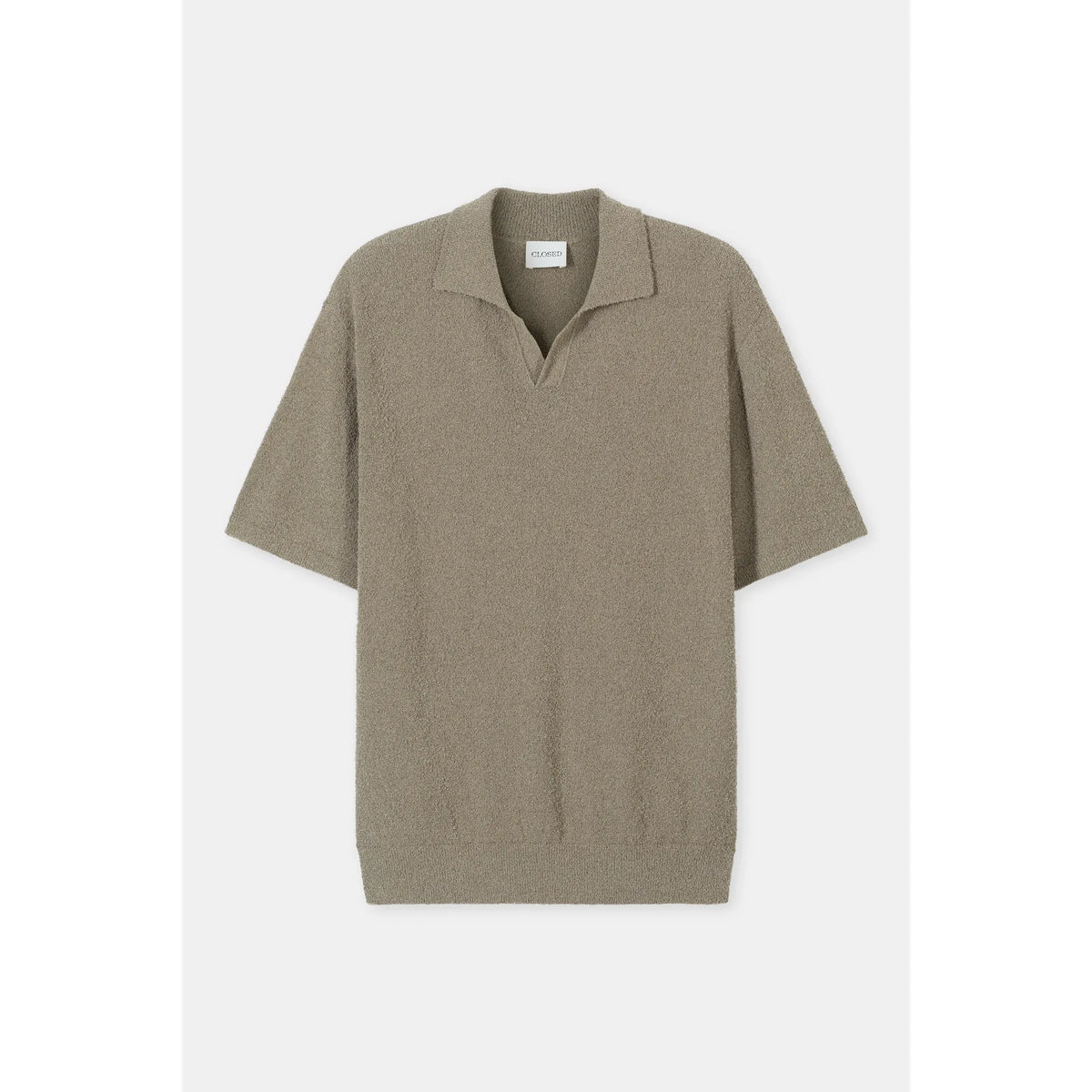 Men's cotton knit polo in pebble green by Closed Men's, featuring a classic collar and short sleeves.
