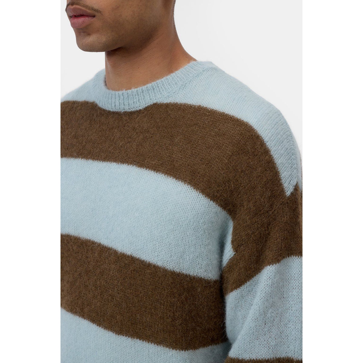 Men's striped crewneck knit sweater in drift blue by Closed Men's, featuring a classic knit pattern and ribbed collar.