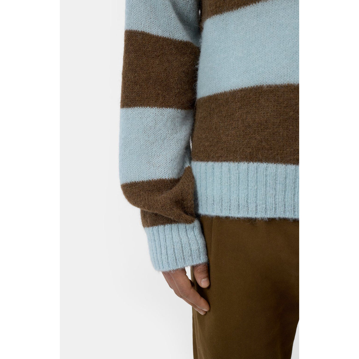 Men's striped crewneck knit sweater in drift blue by Closed Men's, featuring a cozy knit texture and classic striped pattern.