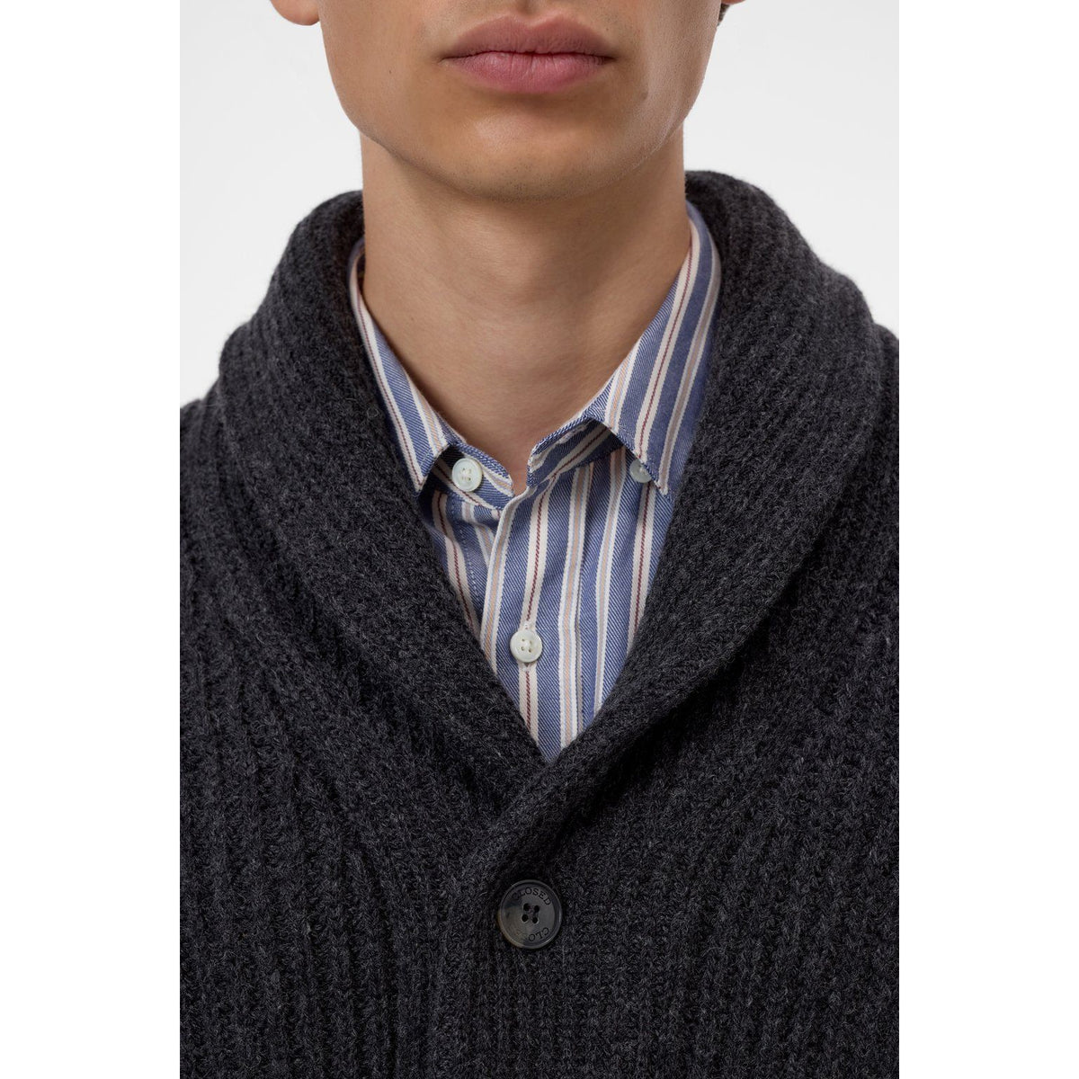 Men's black melange wool cardigan with shawl collar by Closed Men's, featuring a cozy knit texture and button closure.