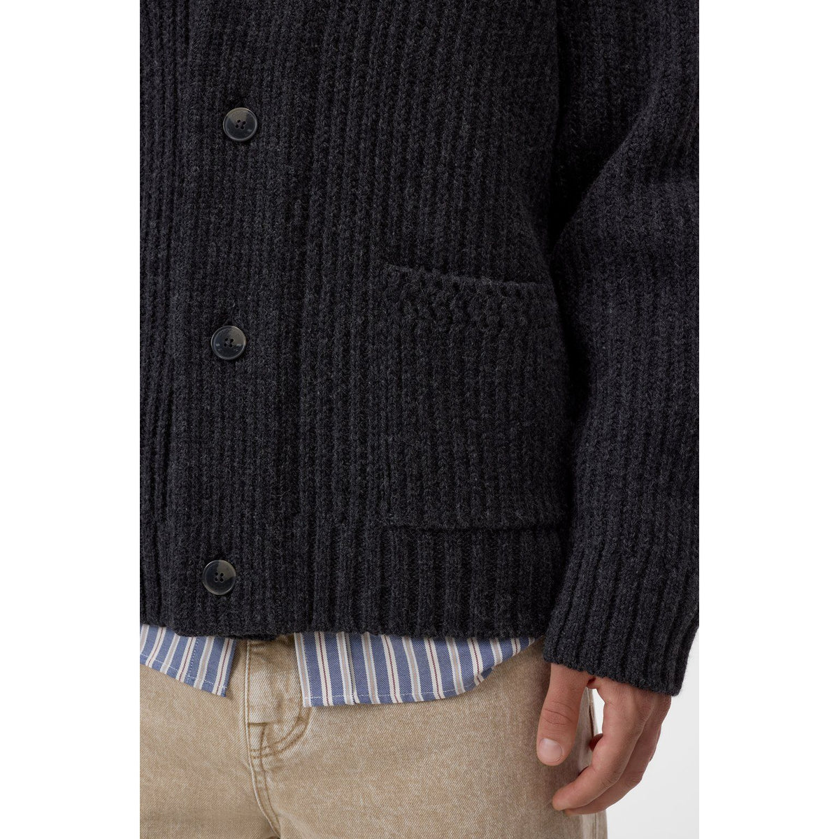 Men's black melange shawl collar wool cardigan by Closed Men's, featuring a cozy knit with a classic design and button closure.
