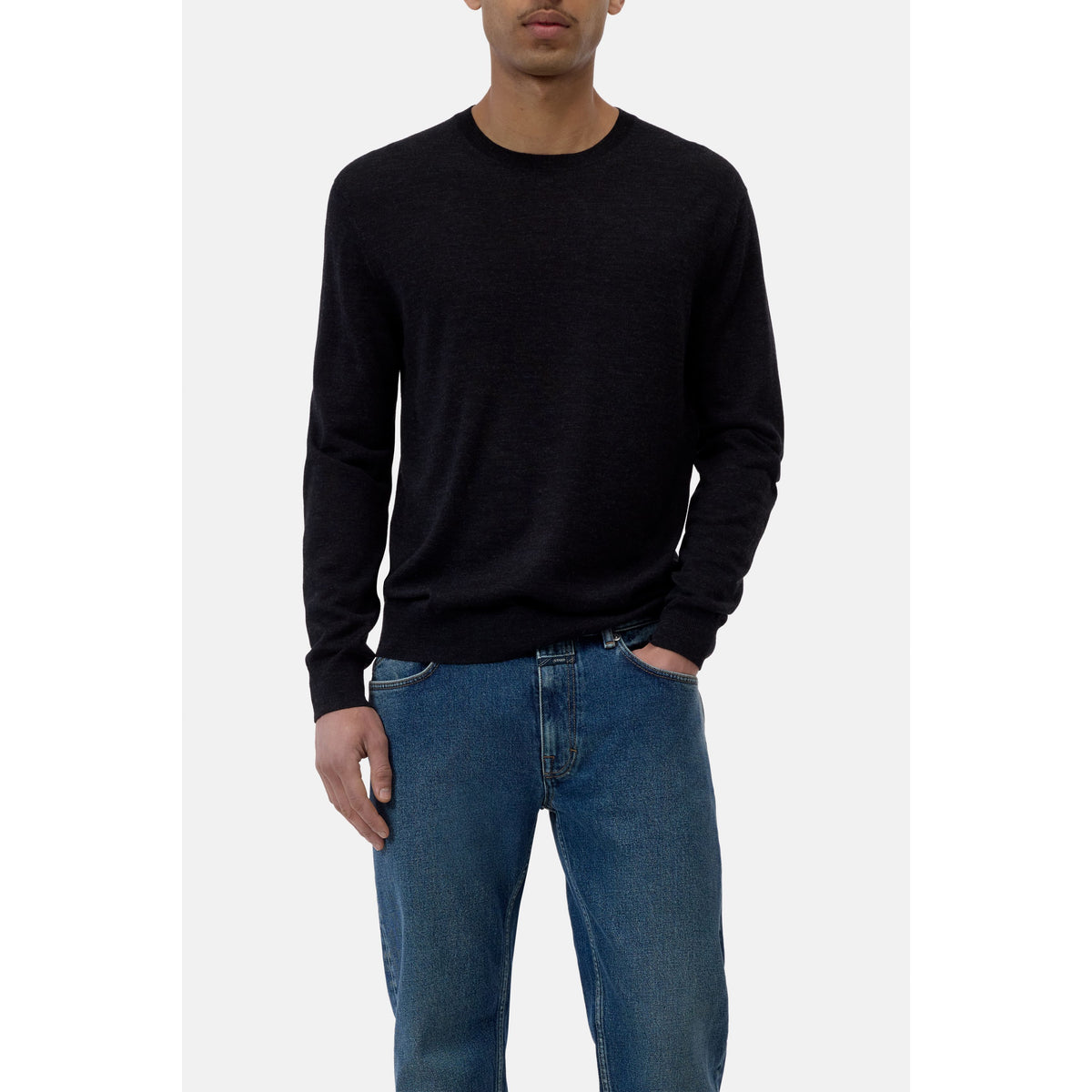 Men's black melange fine-knit crewneck jumper by Closed Men's, showing the soft textured fabric and classic fit.