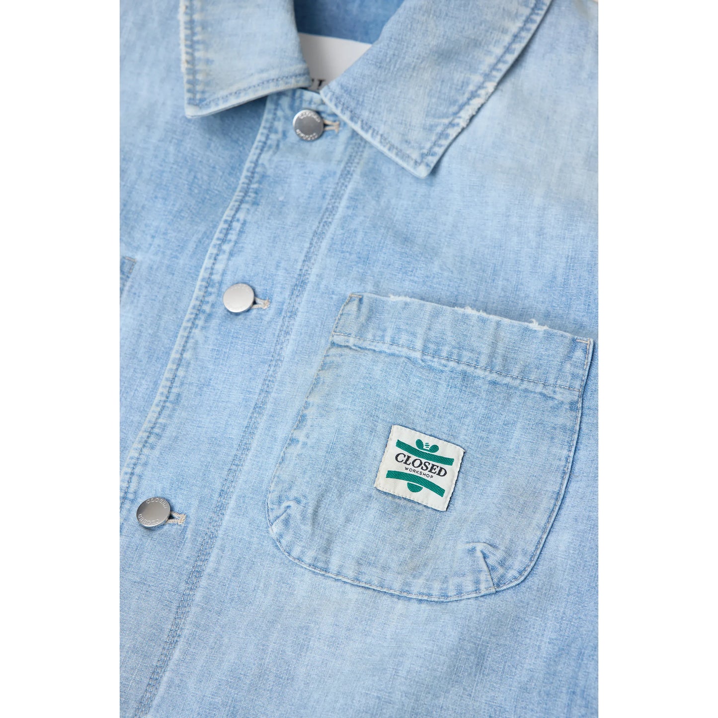 Light blue men's Worker Denim Jacket by Closed Men's, showcasing classic fit with durable denim fabric and button front.