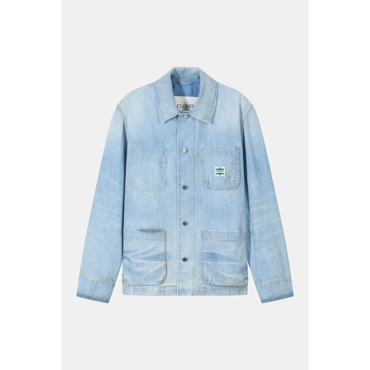 Light blue men's Worker Denim Jacket by Closed Men's, featuring classic denim design and button closure.