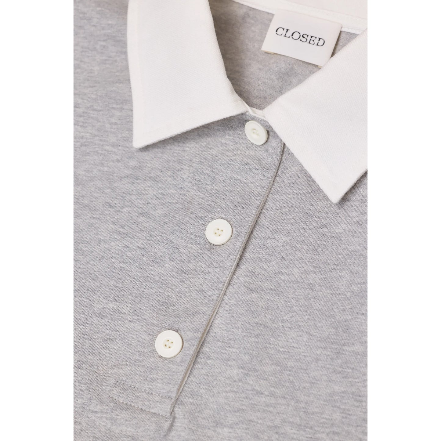 Women's cropped rugby shirt in light grey melange by Closed, showing a relaxed fit and classic rugby collar.