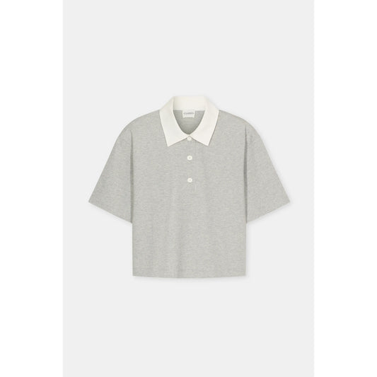 Light grey melange cropped rugby shirt for women by Closed Women's, shown with collar and button details.
