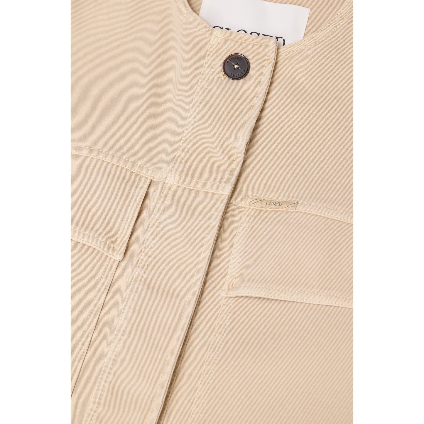 Women's cropped utility jacket in camel beige by Closed, featuring multiple pockets and a stylish, functional design.