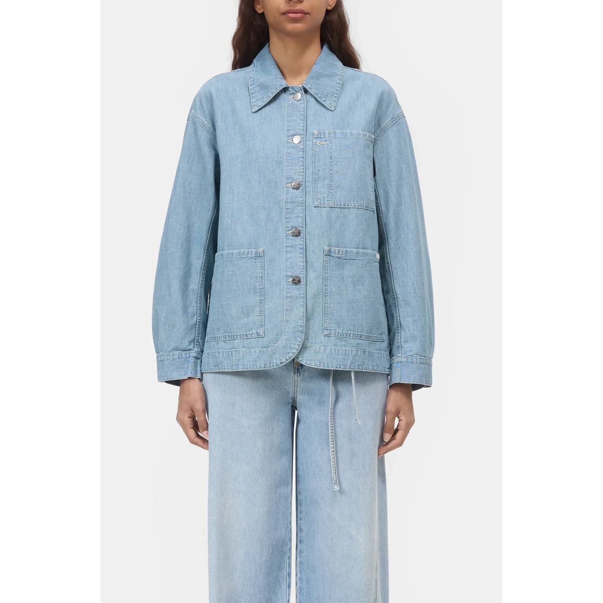 Light blue women's Worker Jacket by Closed Women's, featuring a fitted design and durable fabric, displayed on a model.