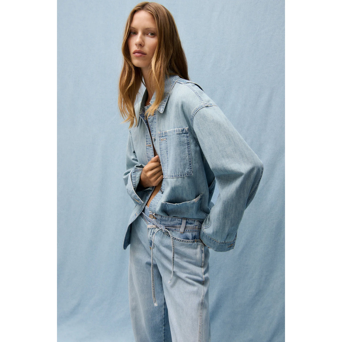 Light blue women's Worker Jacket by Closed Women's, showing the fitted style and casual design on a model.