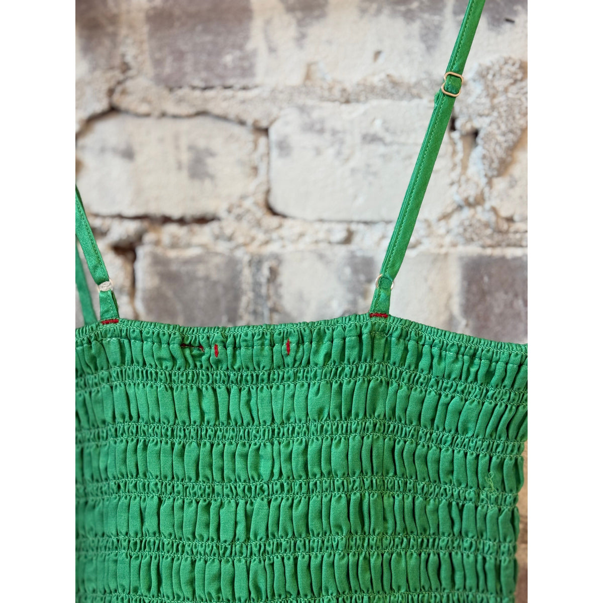 Women's Smocked Crinkle Cami top by Brazeau Tricot in Mojito color, featuring a fitted, textured fabric and adjustable straps.