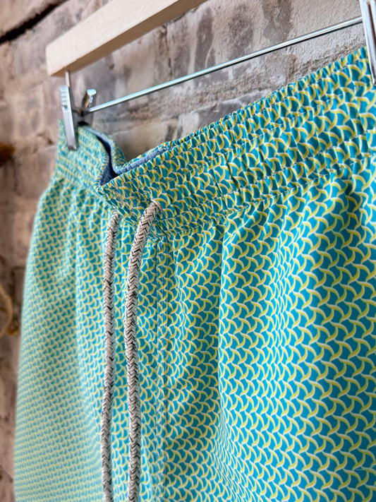 Men's Cyclist Liner Swim Trunks - Wave Print Aqua/Yellow - DUNE + SALT