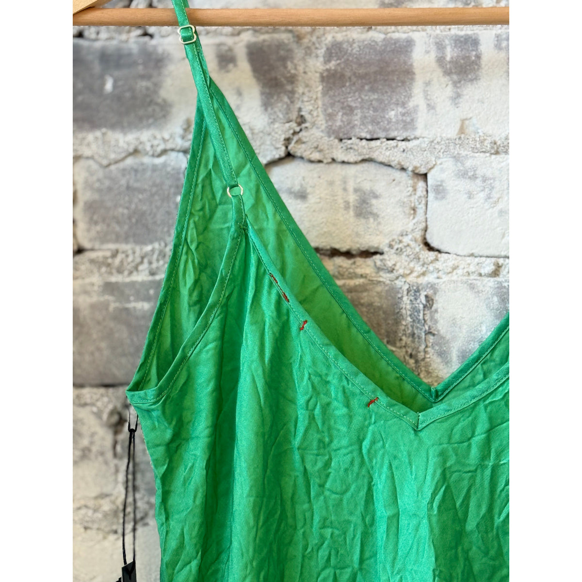 Women's Crinkle Slip Dress by Brazeau Tricot in Mojito color, showcasing the textured fabric and elegant slip silhouette.