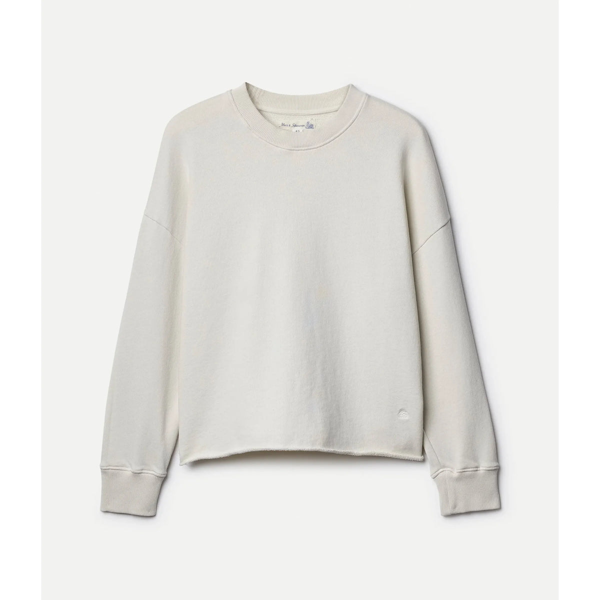 Women's grey melange Merz b. Schwanen retro fleece sweatshirt with open edge hem, casual and cozy for relaxed wear.