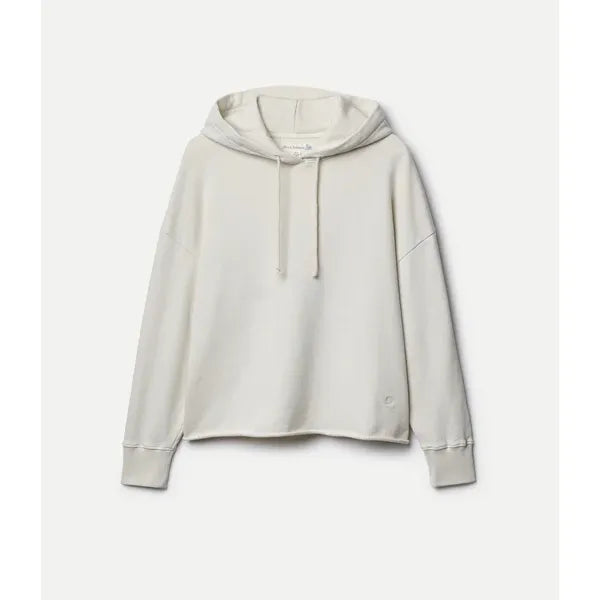 Women's retro fleece hoodie with raw hem in cashew by Merz b. Schwanen, showcasing its cozy fabric and stylish raw edge detail.