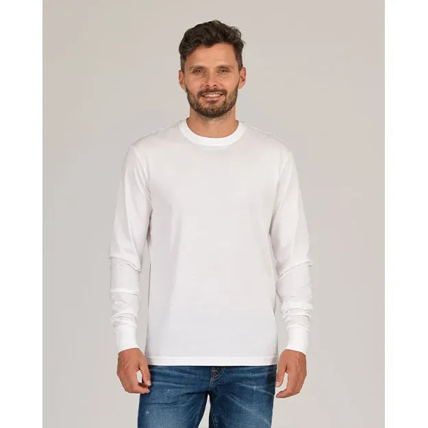 Men's Super Soft Supima LS Tee in white by Ace Rivington, featuring a comfortable long-sleeve design and smooth fabric.