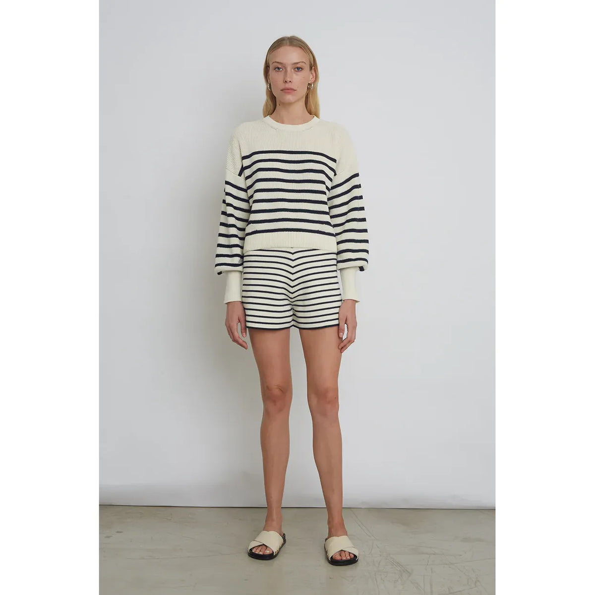Women’s Lea Stripe Short by ELEVEN SIX in ivory and navy, front view showing the stylish striped design and lightweight fabric.