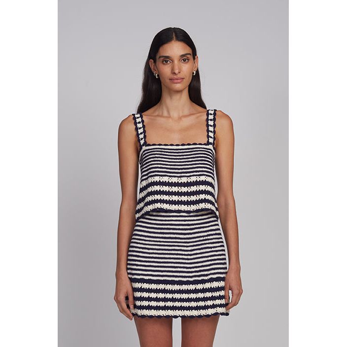Women's Tatum Crochet Mini Skirt by ELEVEN SIX in ivory and navy stripe, featuring a textured crochet design and a fitted silhouette.