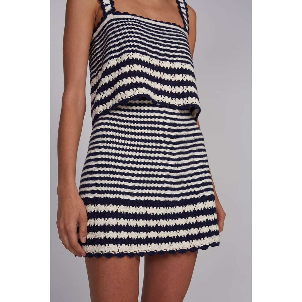 Women's Tatum Crochet Mini Skirt by ELEVEN SIX in ivory and navy stripe, featuring a stylish crochet design and mini length.
