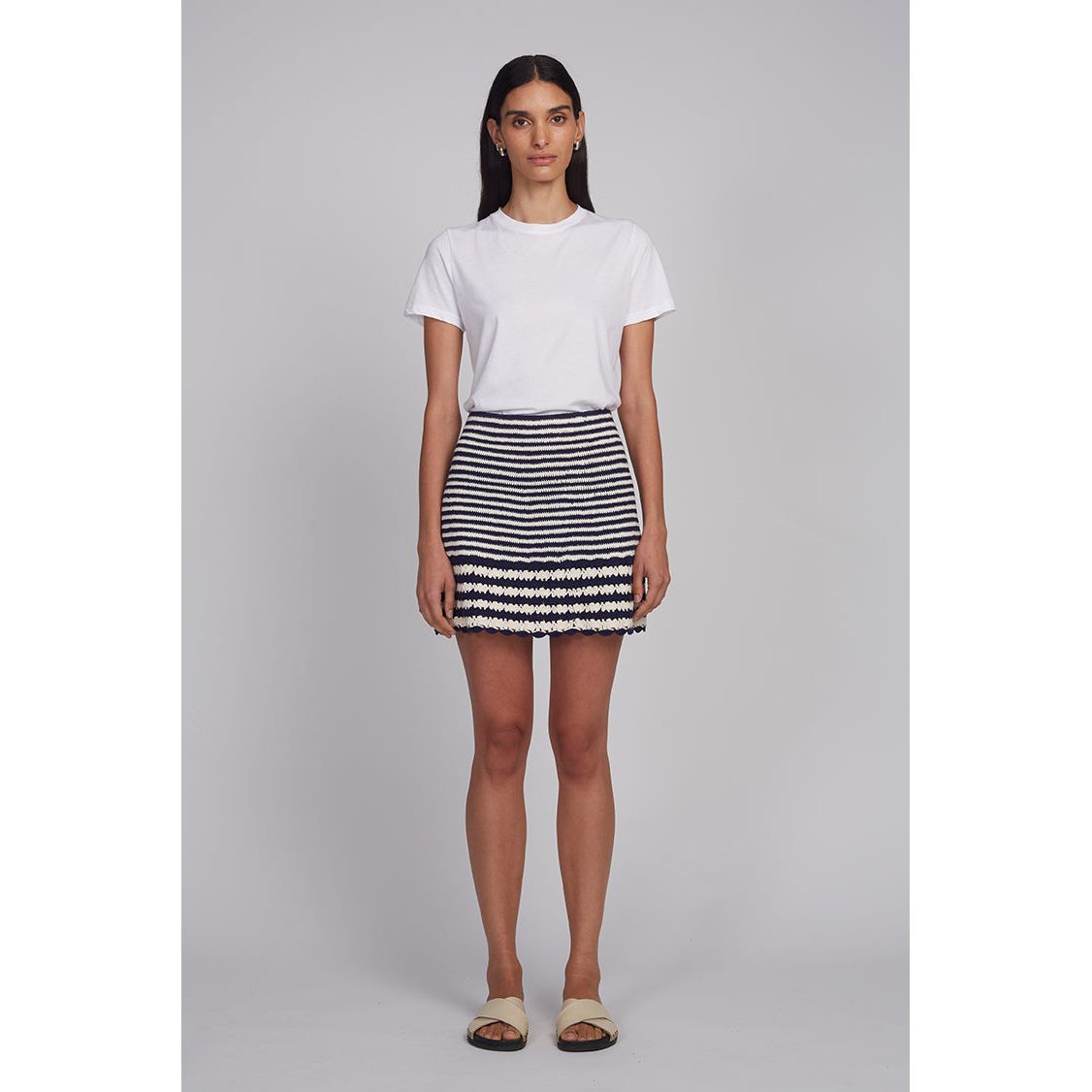 Women's Tatum Crochet Mini Skirt by ELEVEN SIX in ivory and navy stripe, featuring a crochet design and fitted silhouette.