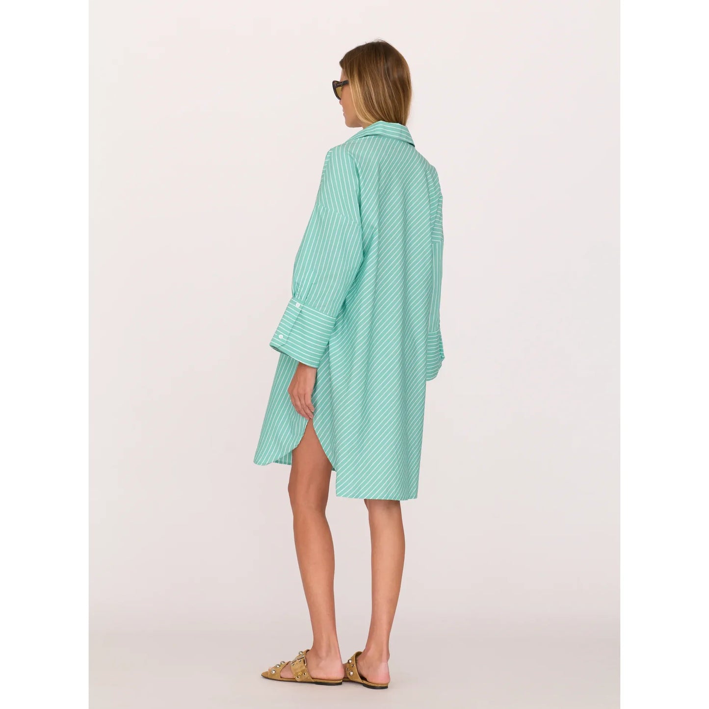 Women's Kelly Shirt Dress by Secular in turquoise and white stripe, featuring a casual button-down style and collar.