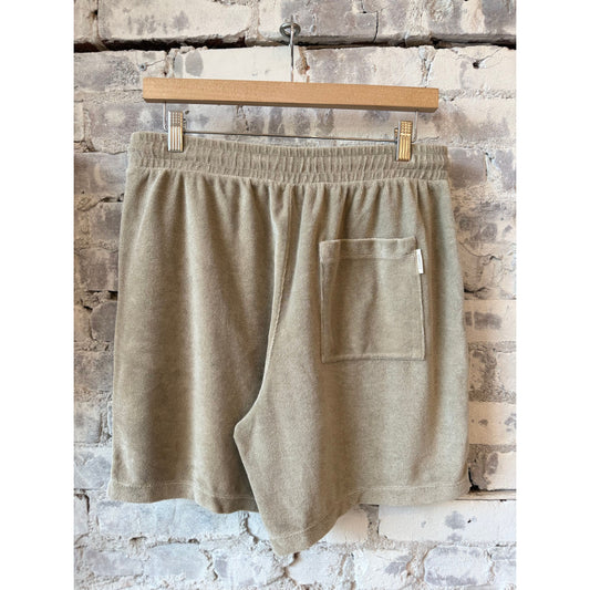 Men's terry cloth shorts in mud grey by Closed Men's, showing a relaxed fit and soft fabric texture.