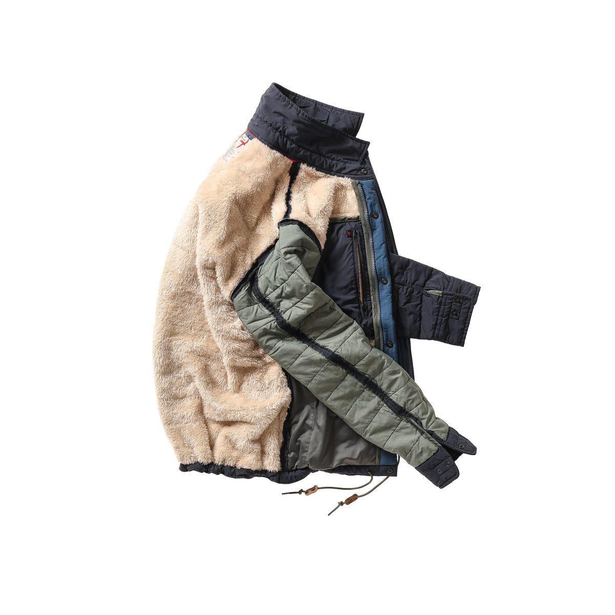 Men's navy Qltd Superfleece jacket by Relwen, shown in a close-up of the soft fleece fabric and casual fit.