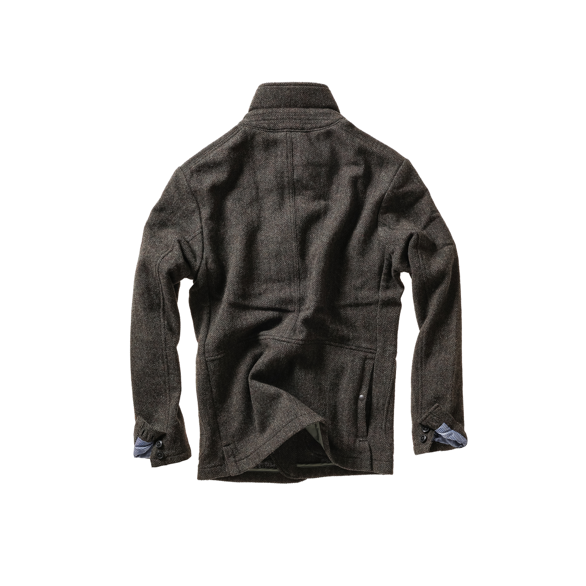 Men's Heritage Trap Blazer by Relwen in charcoal olive herringbone, showing the tailored fit and textured fabric.