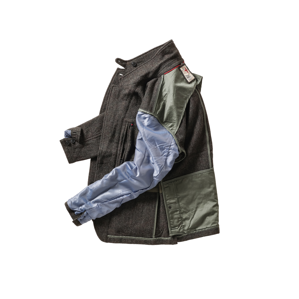 Men's Heritage Trap Blazer by Relwen in charcoal olive herringbone fabric, shown on a hanger with detailed herringbone pattern.