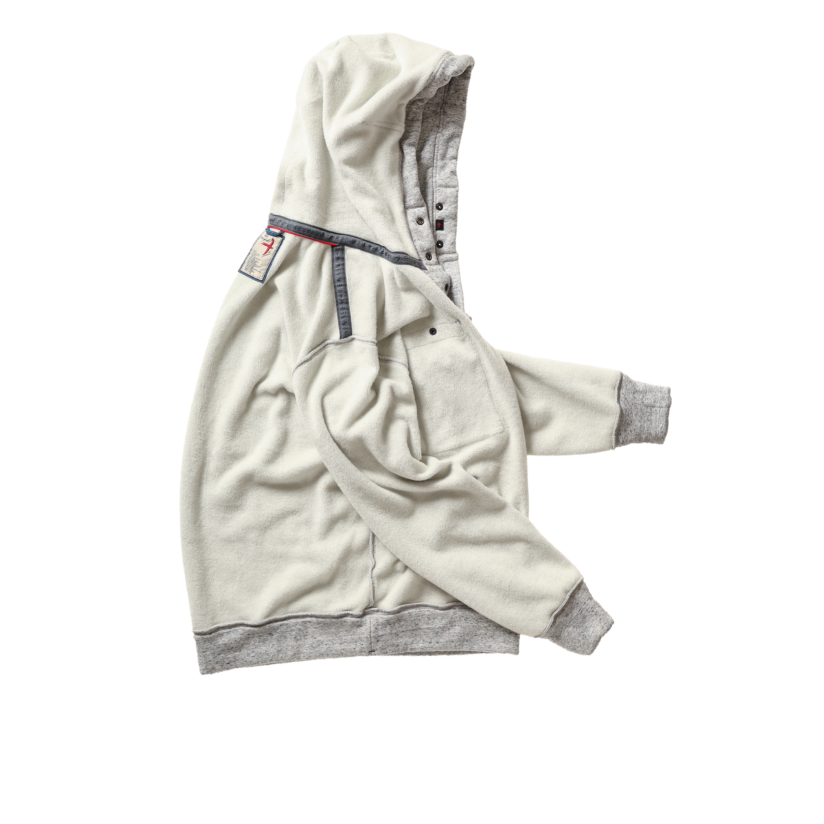 Men's Micropile Hoodie in Light Grey Speck by Relwen, showing a close-up of the soft, textured fabric and hood details.