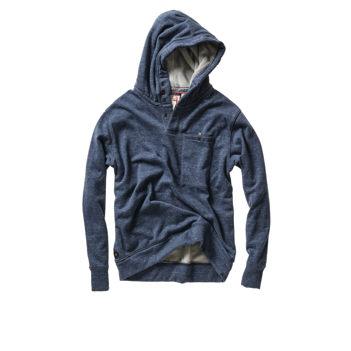 Men's navy speck Micropile Hoodie by Relwen, featuring a cozy fleece interior and casual fit, displayed on a hanger.