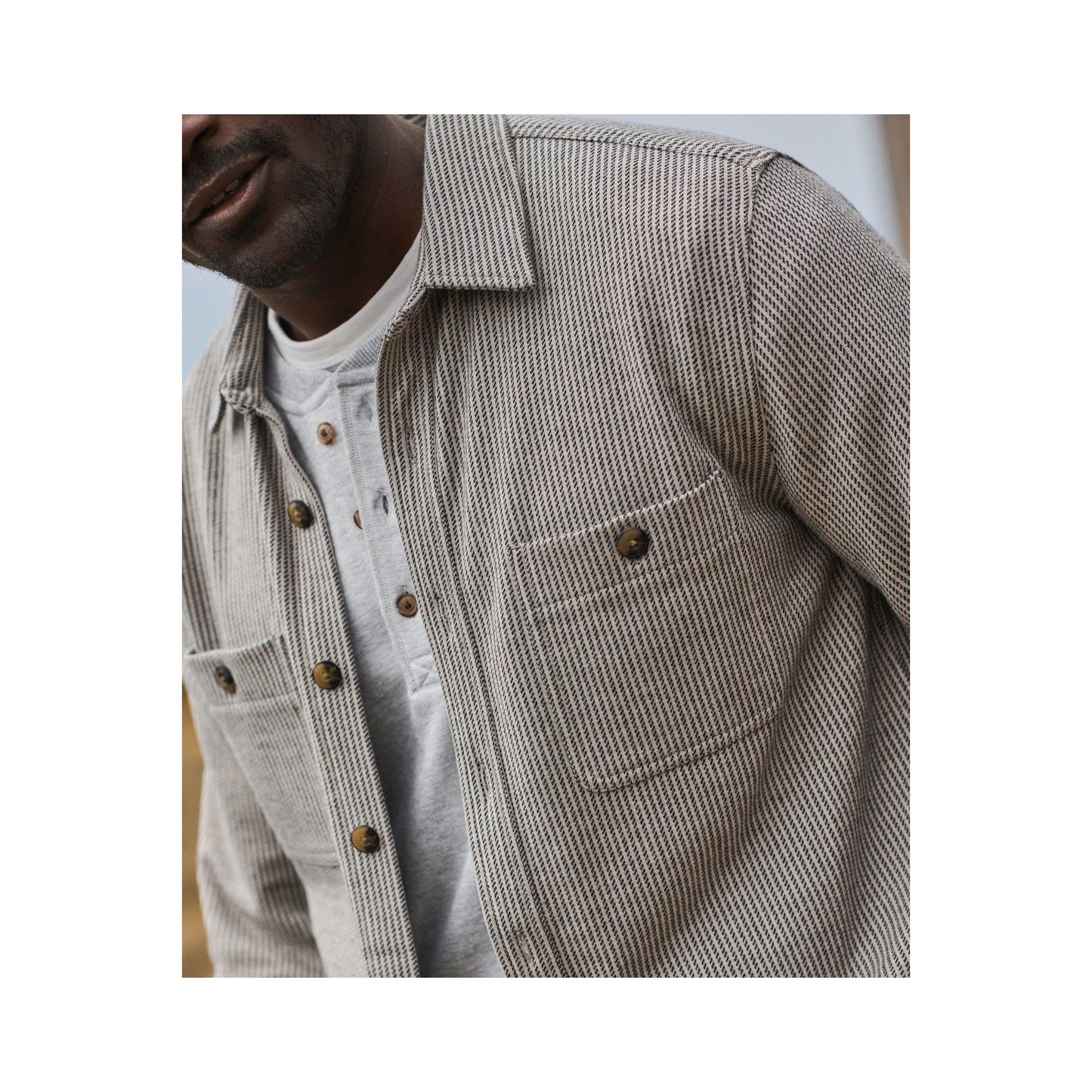 Pacifica Stretch Twill Overshirt - Grey Railroad Stripe - DUNE + SALT
