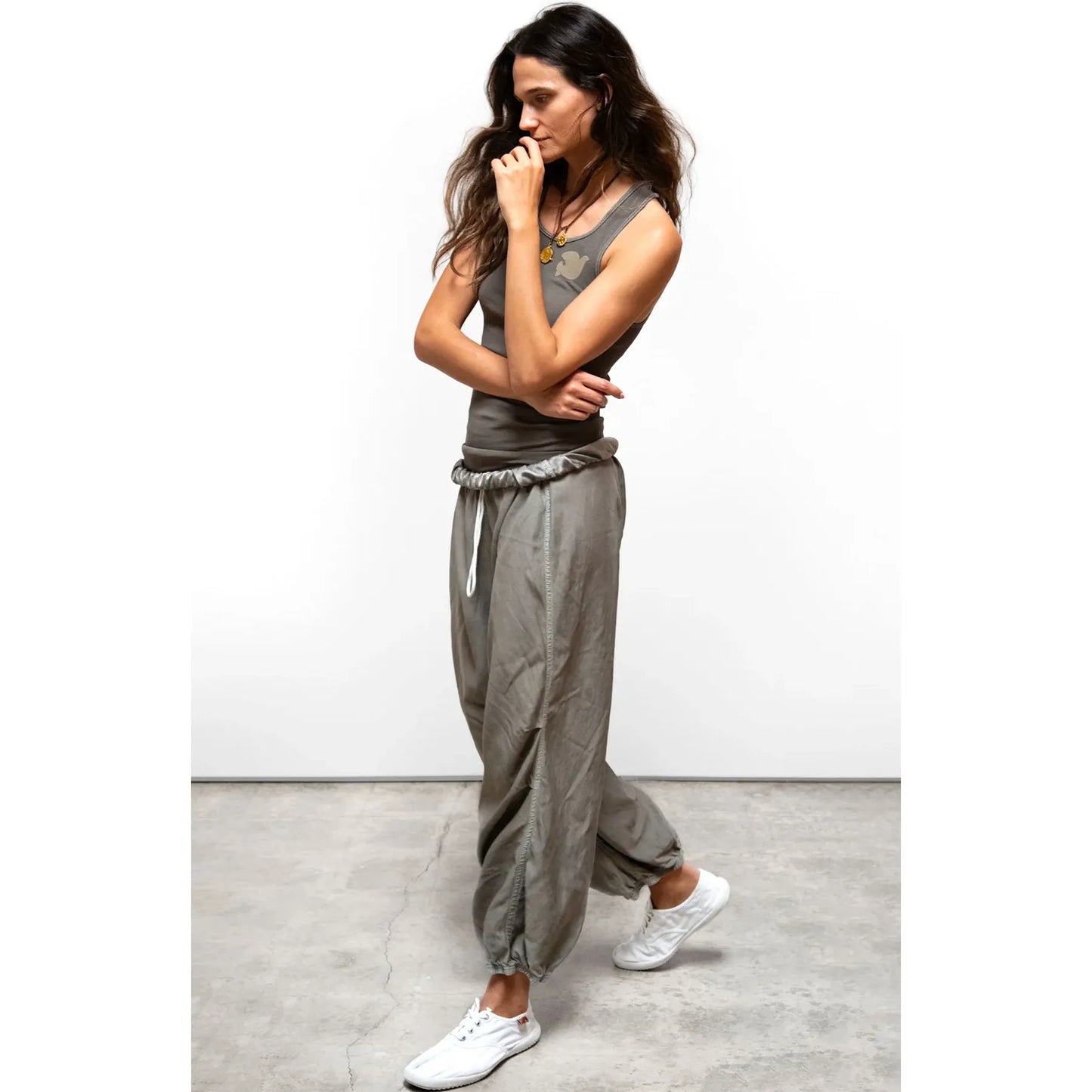 Women's grey loose drawcord Biggy pants by Freecity featuring a matte satin finish and relaxed fit.