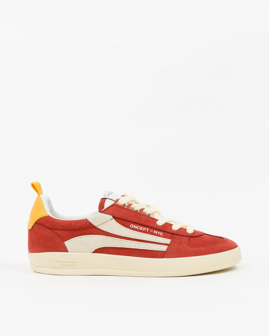 Women's Fez Sneaker by Oncept, retro red side view showing stylish design and vibrant color.