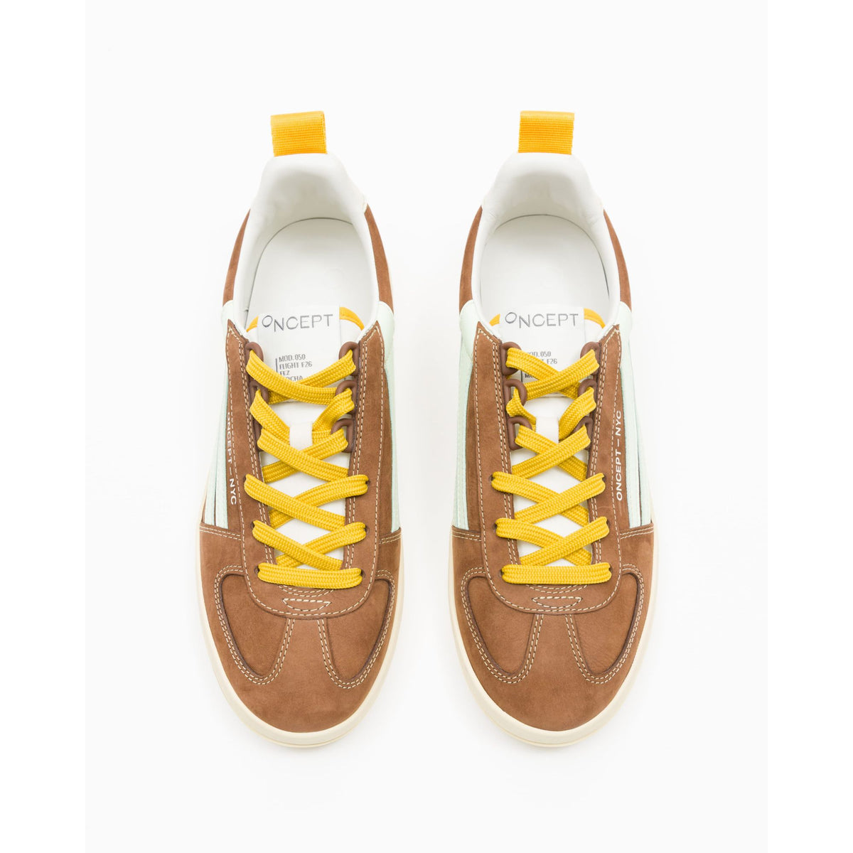 Oncept Fez Men's Mocha sneaker with brown leather and fabric upper, white rubber sole, and lace-up design.