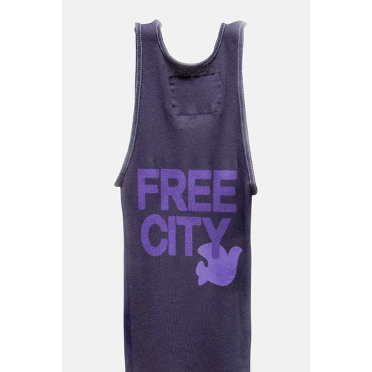 Women's Freecity SUPERVINTAGE tank top featuring purple bush print, casual sleeveless design, soft fabric, and relaxed fit.