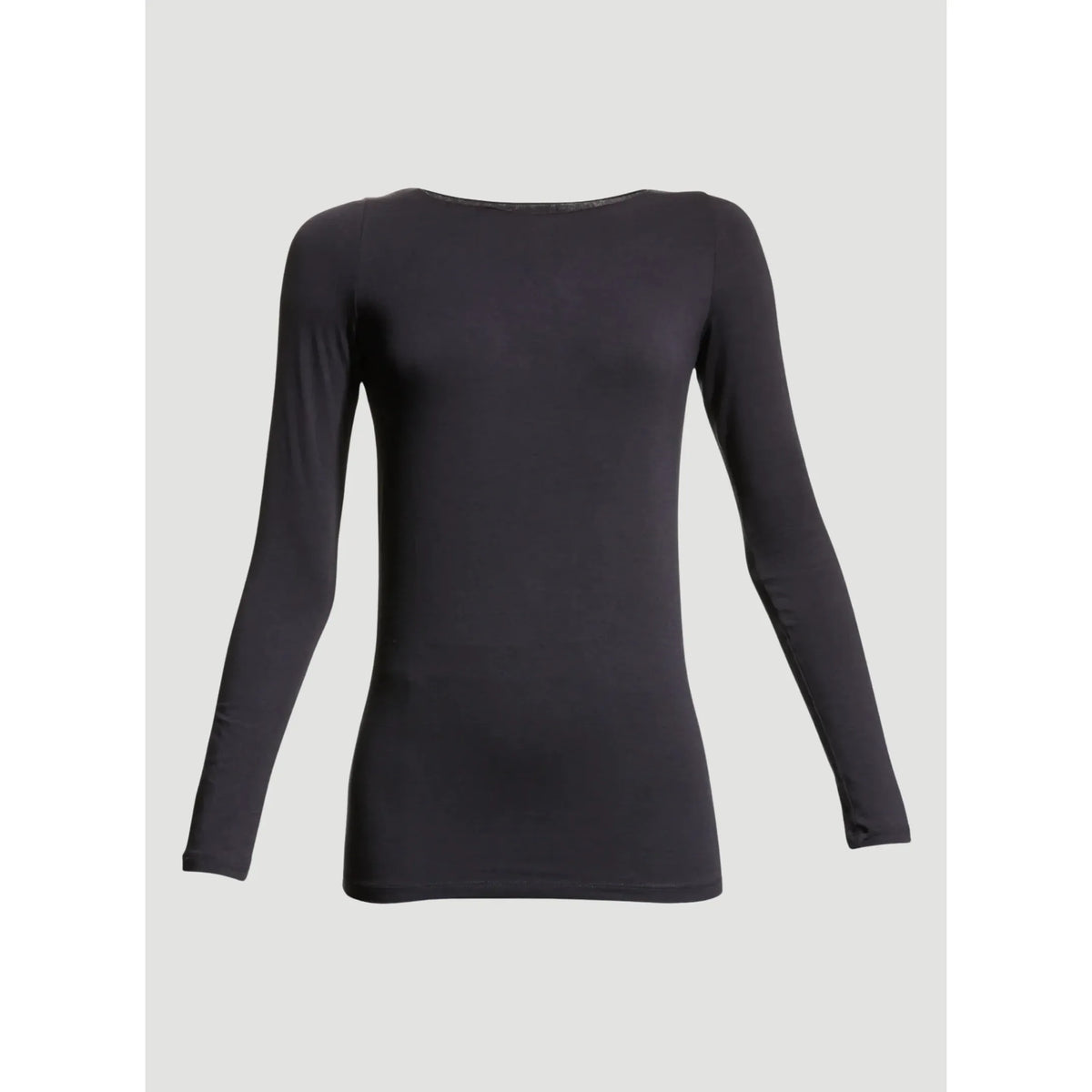 Women's soft-touch merrow edge boatneck long-sleeve top by Majestic Filatures in marine color, shown on a mannequin.