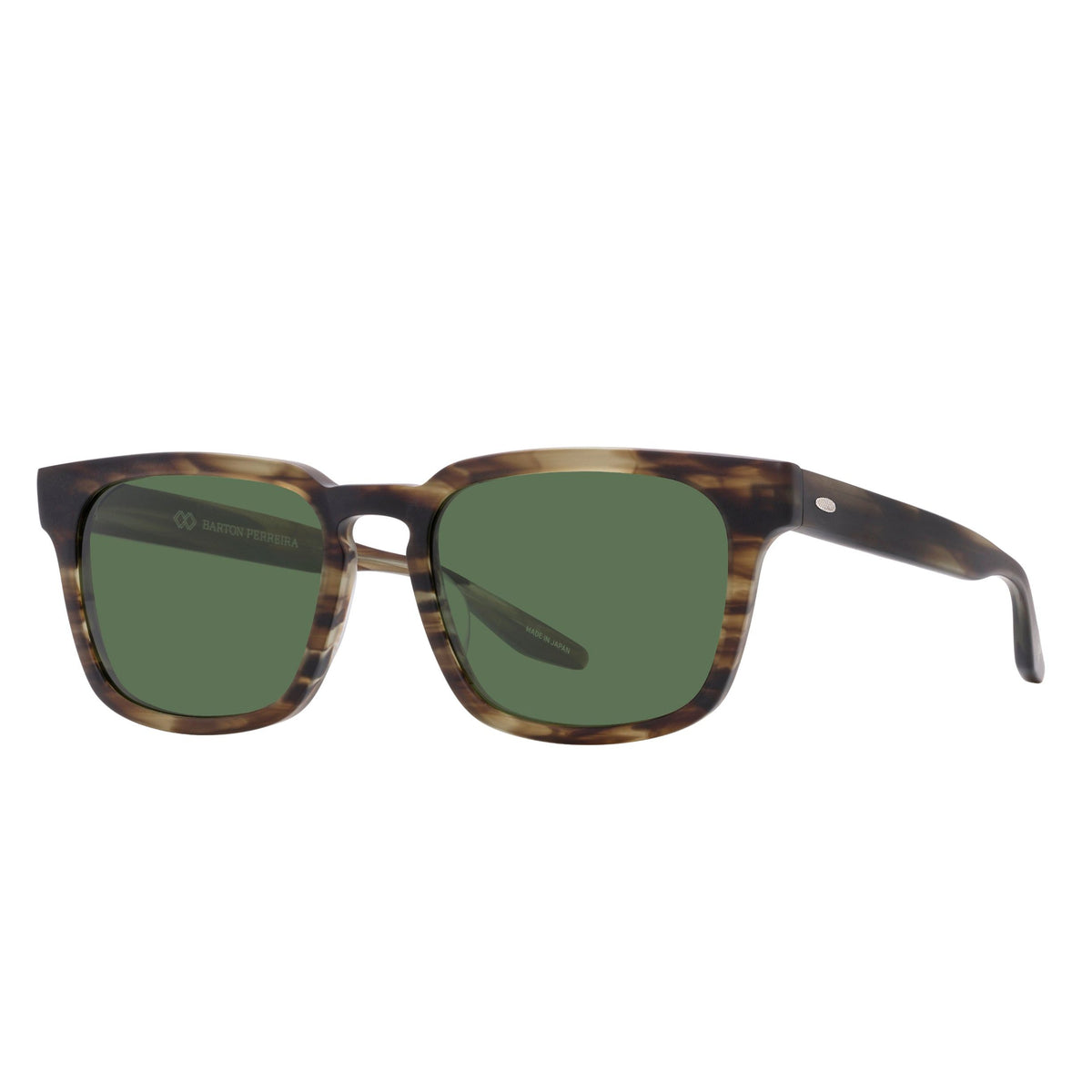 Hamilton x 000 Barton Perreira sunglasses with matte cognac frames and vintage green lenses, shown from the side.