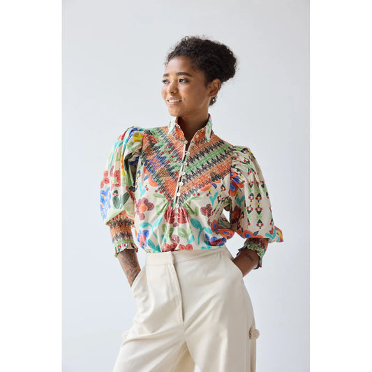 Smocked Shirt - Custard Embroidered Floral - DUNE + SALT