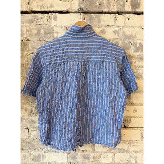 Stretch Cotton Crinkle SS Shirt - Sky Blue/White Double Stripe - DUNE + SALT