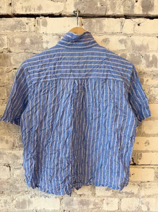 Stretch Cotton Crinkle SS Shirt - Sky Blue/White Double Stripe - DUNE + SALT