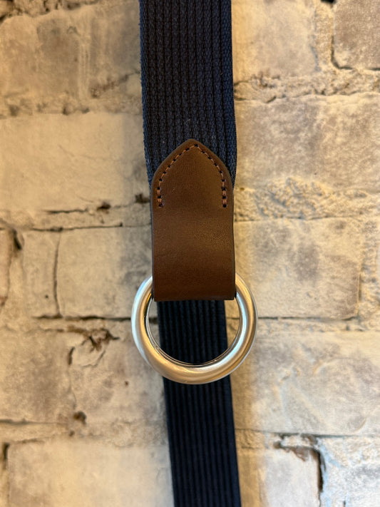 Men's navy striped woven O-ring belt with Sicily calf tabs by W. Kleinberg, featuring a 1-3/8 inch width and stylish design.