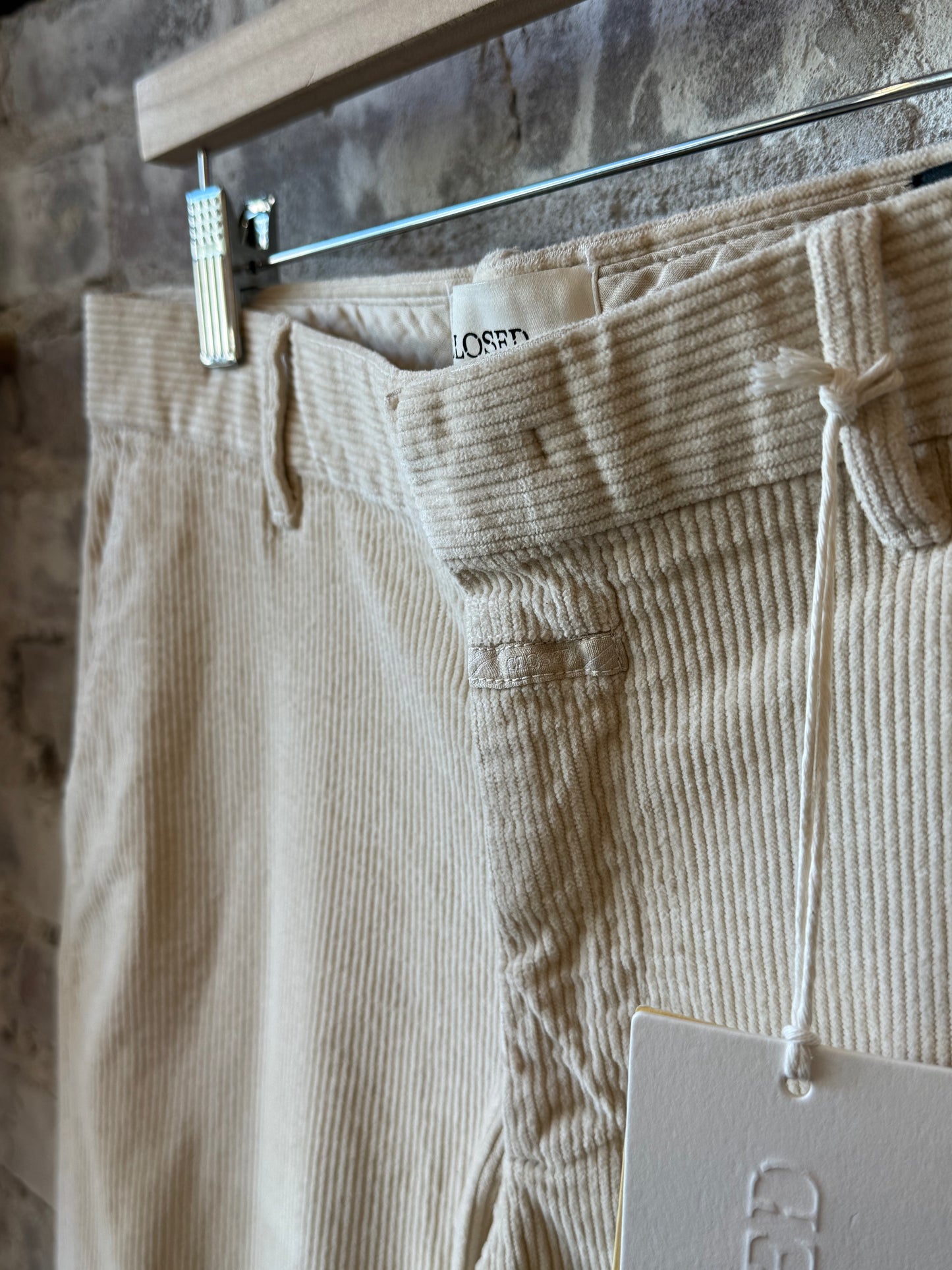 Men's Clifton True Corduroy Pants in almond cream from Closed Men's, showing the fit and texture of the soft, stylish trousers.