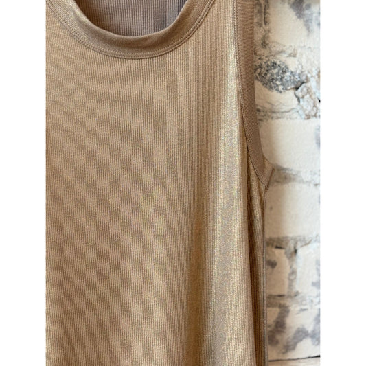 Women's soft touch metallic baby rib crewneck tank top in coffee latte by Majestic Filatures, showing close-up of fabric and fit.