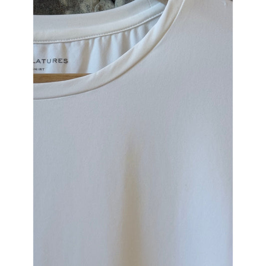 Women's Majestic Filatures Jersey Stretch SS Crewneck in white, showing the soft, fitted fabric and classic crewneck design.