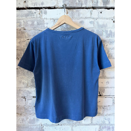 Women's organic cotton stretch semi-relaxed crewneck sweater in Abyss color by Majestic Filatures, shown flat with detailed fabric texture.