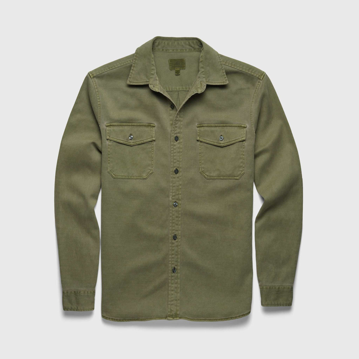 Men's Jeb Tencel shirt in deep lichen green from Surfside Supply, featuring a relaxed fit and natural garment dye finish.